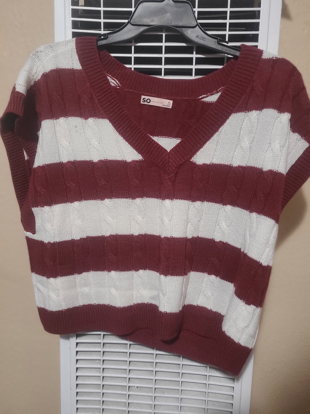 SO Striped Burgundy and White V-Neck Sweater